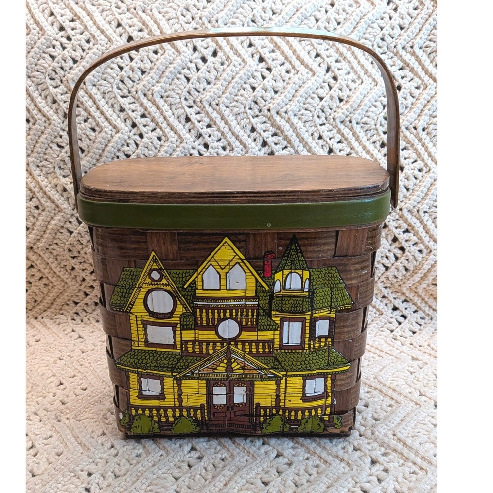 Vintage Caro-Nan Hand Painted Victorian House Wooden Basket Purse Box Bag 70s